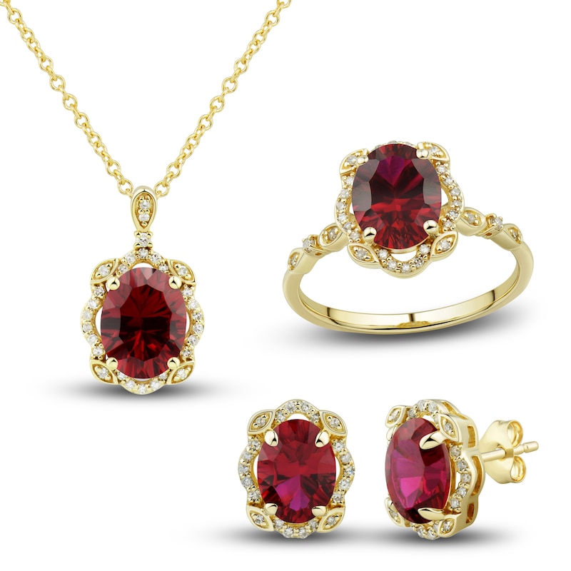 Lab-Created Ruby Ring, Earring & Necklace Set 1/3 ct tw Diamonds 10K Yellow Gold