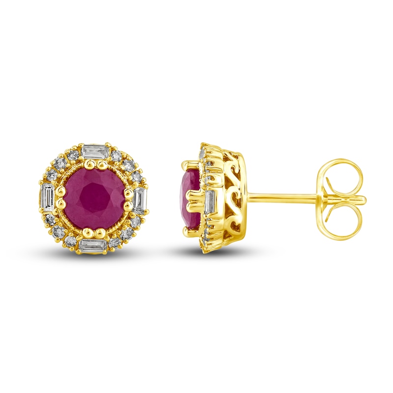 Natural Ruby Stud Earrings 1/4 ct tw Diamonds 14K Yellow Gold