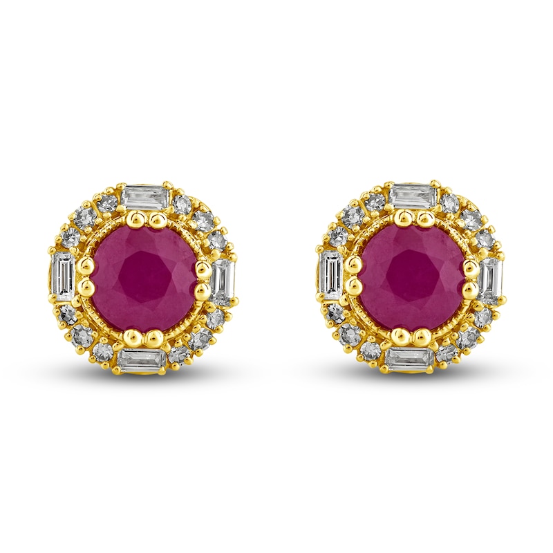 Natural Ruby Stud Earrings 1/4 ct tw Diamonds 14K Yellow Gold