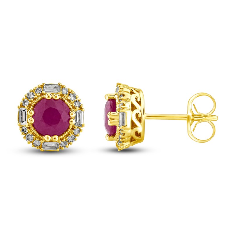 Natural Ruby Stud Earrings 1/4 ct tw Diamonds 14K Yellow Gold