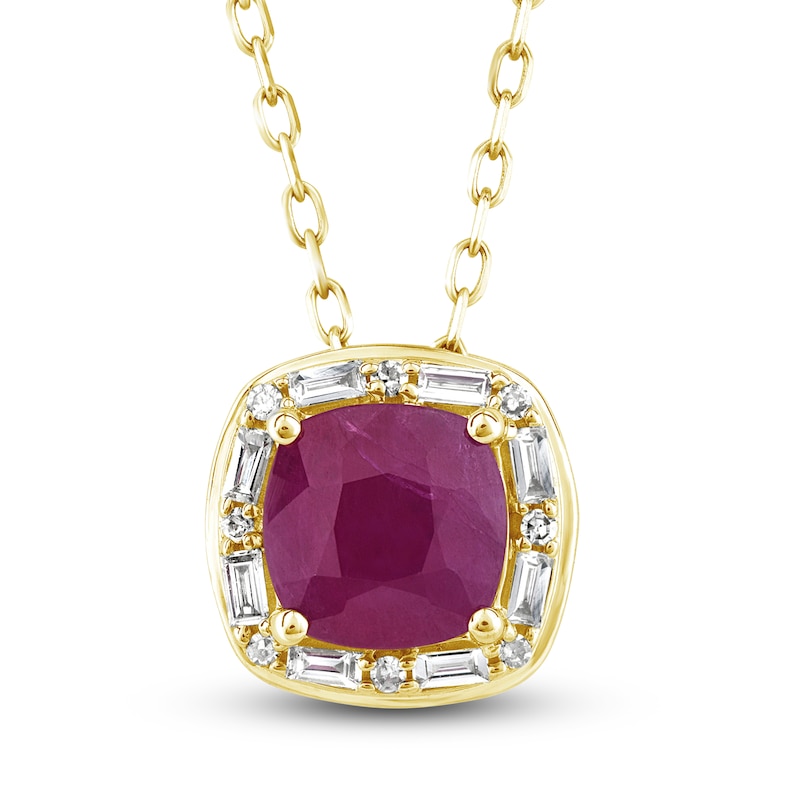 Main Image 1 of Natural Ruby Pendant Necklace 1/8 ct tw Diamonds 14K Yellow Gold