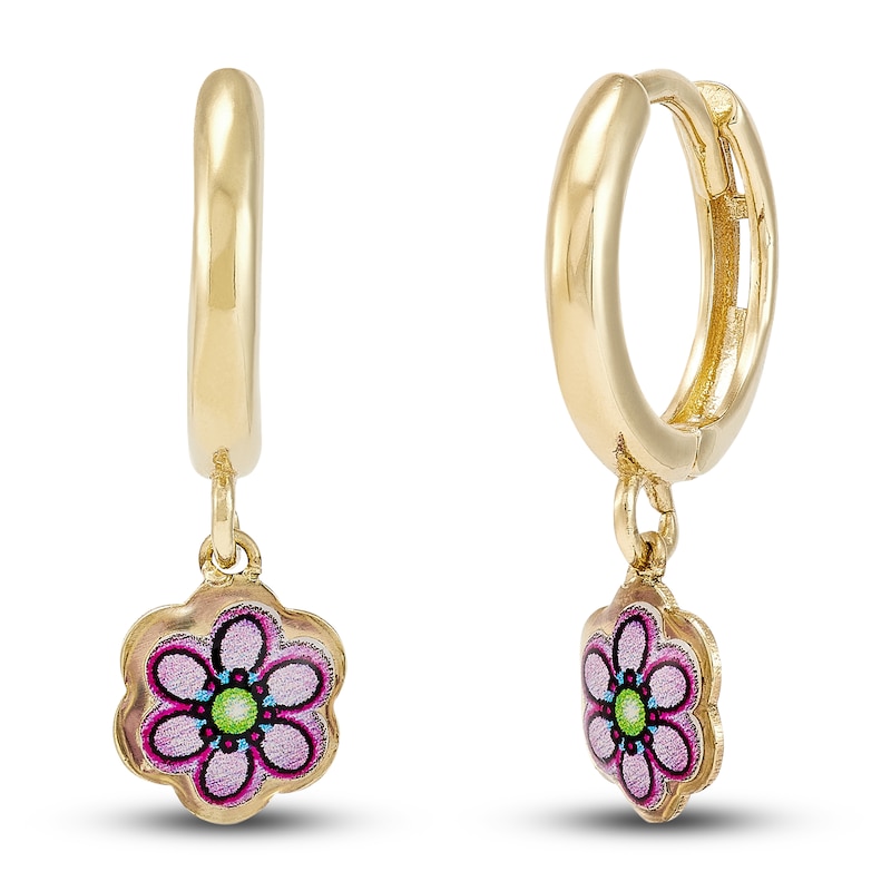 Flower Earrings Purple Enamel 14K Yellow Gold