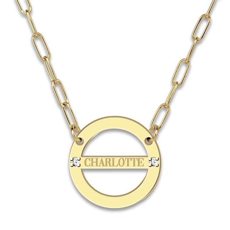 Engravable High-Polish Circle Necklace Diamond Accents 14K Yellow Gold 18" 19mm