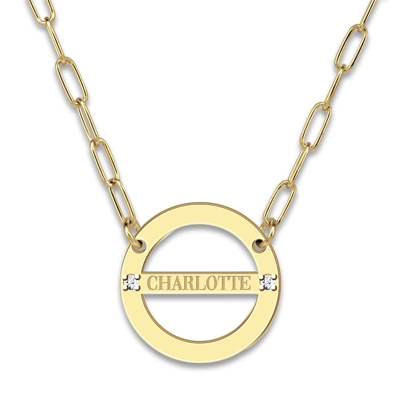 Main Image 1 of Engravable High-Polish Circle Necklace Diamond Accents 14K Yellow Gold 18" 19mm