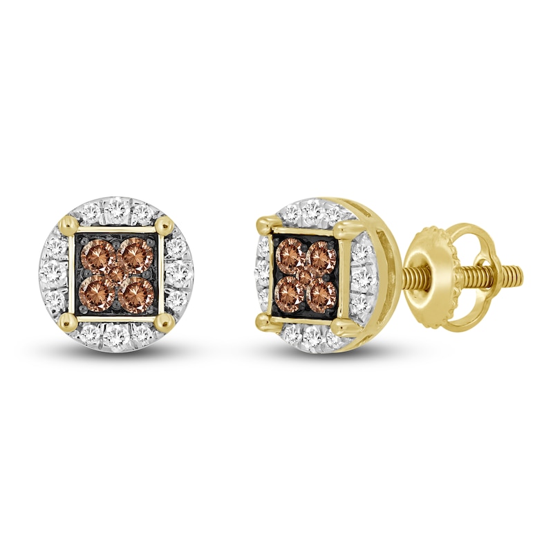 Main Image 2 of The New Fashioned Men's Bourbon-Colored & White Diamond Earrings 3/4 ct tw Round 10K Yellow Gold