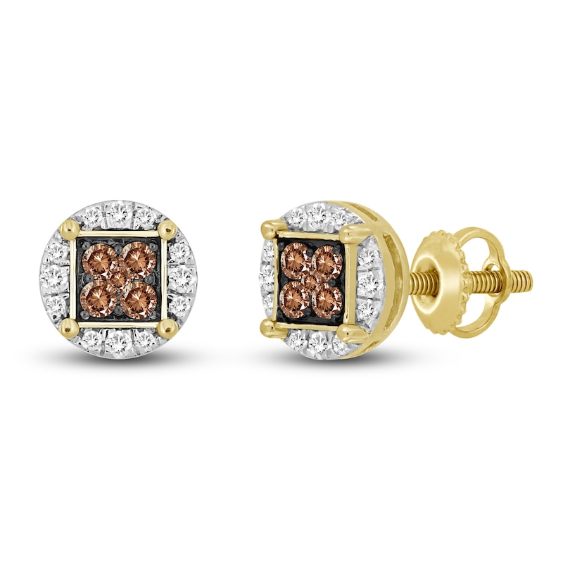 Bourbon-Colored Diamonds Men's White & Brown Diamond Earrings 3/4 ct tw Round 10K Yellow Gold