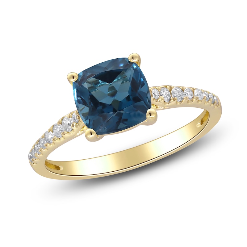 Main Image 2 of Cushion-Cut Natural London Blue Topaz & Diamond Engagement Ring 1/8 ct tw 14K Yellow Gold