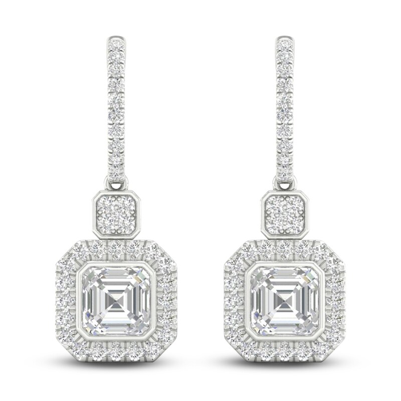 Main Image 1 of Square-Cut Emerald/Round Lab-Grown Diamond Earrings 2-3/4 ct tw 14K White Gold