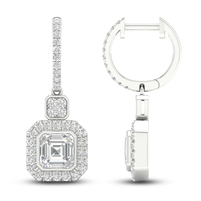 Main Image 2 of Square-Cut Emerald/Round Lab-Grown Diamond Earrings 2-3/4 ct tw 14K White Gold