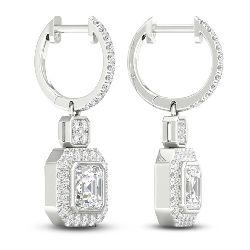 Main Image 3 of Square-Cut Emerald/Round Lab-Grown Diamond Earrings 2-3/4 ct tw 14K White Gold