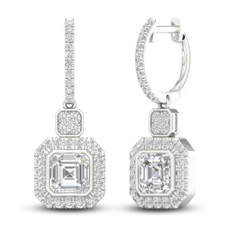 Main Image 4 of Square-Cut Emerald/Round Lab-Grown Diamond Earrings 2-3/4 ct tw 14K White Gold