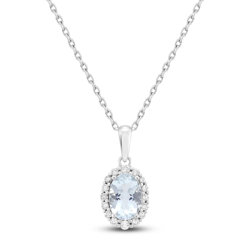 Oval-Cut Natural Aquamarine & Diamond Necklace 1/6 ct tw 10K White Gold 18"