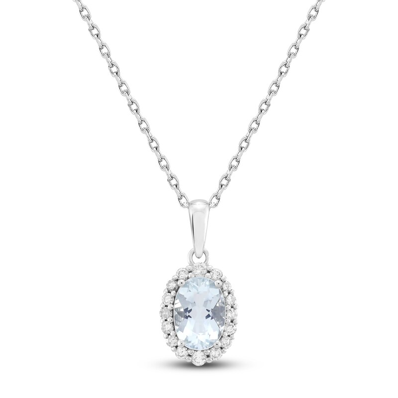 Main Image 1 of Oval-Cut Natural Aquamarine & Diamond Necklace 1/6 ct tw 10K White Gold 18"