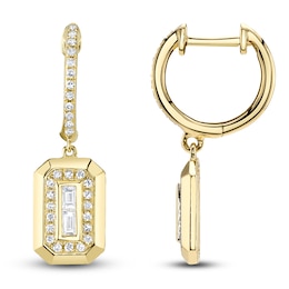 Shy Creation Baguette & Round-Cut Diamond Dangle Hoop Earrings 1/5 ct tw 14K Yellow Gold SC55026652RD