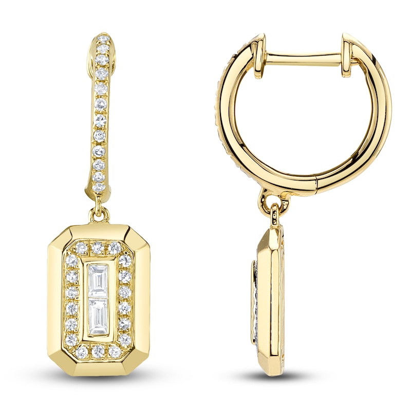 Main Image 1 of Shy Creation Baguette & Round-Cut Diamond Dangle Hoop Earrings 1/5 ct tw 14K Yellow Gold SC55026652RD