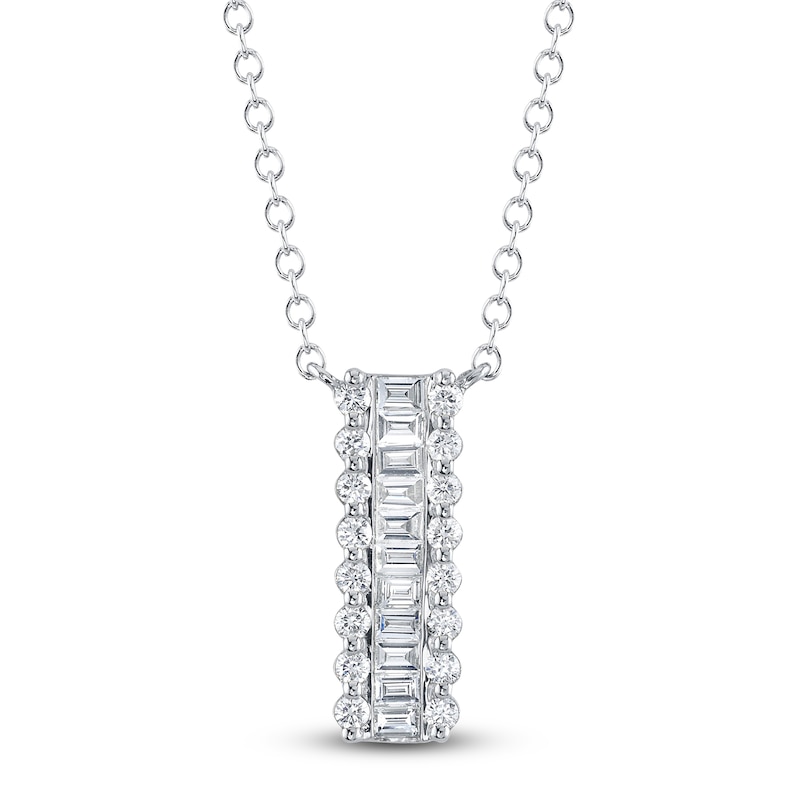 Main Image 1 of Shy Creation Baguette & Round-Cut Diamond Scalloped Vertical Bar Necklace 1/2 ct tw 14K White Gold SC55024787
