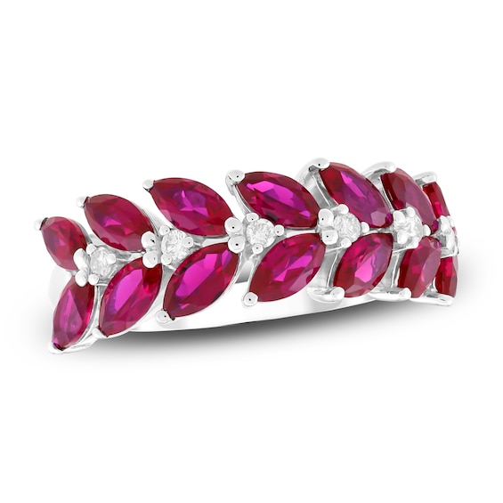 Marquise-Cut Lab-Created Ruby & Diamond Leaves Ring 1/10 ct tw 14K White Gold