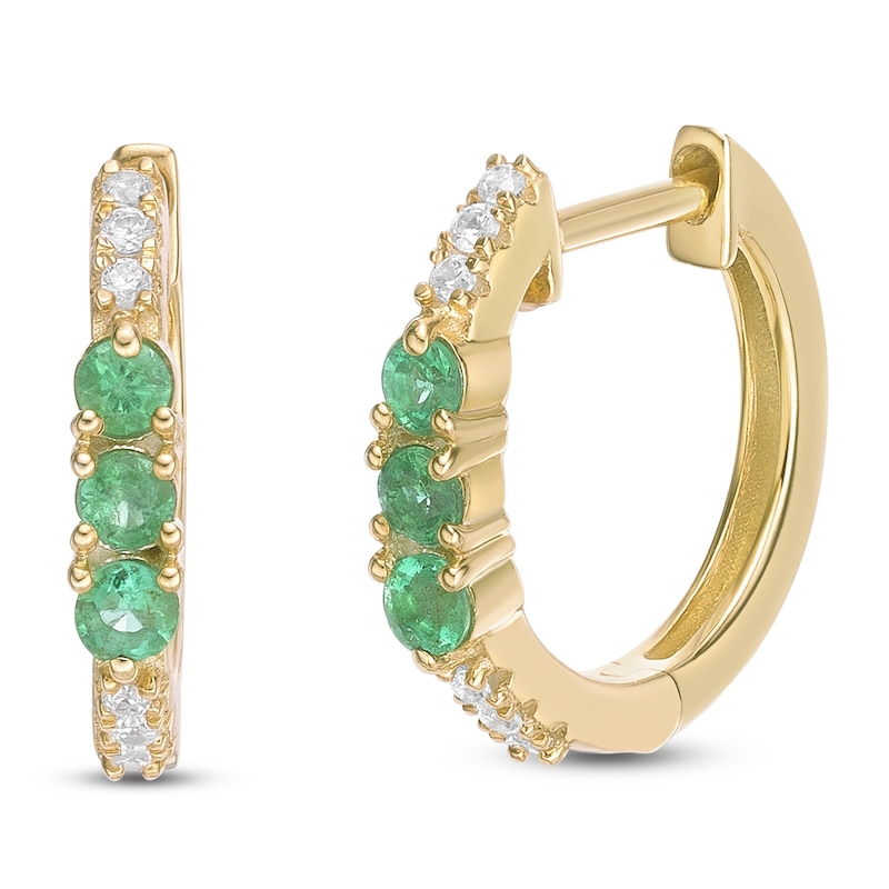 Main Image 2 of Natural Emerald & Diamond Three-Stone Huggie Hoop Earrings 1/15 ct tw 10K Yellow Gold