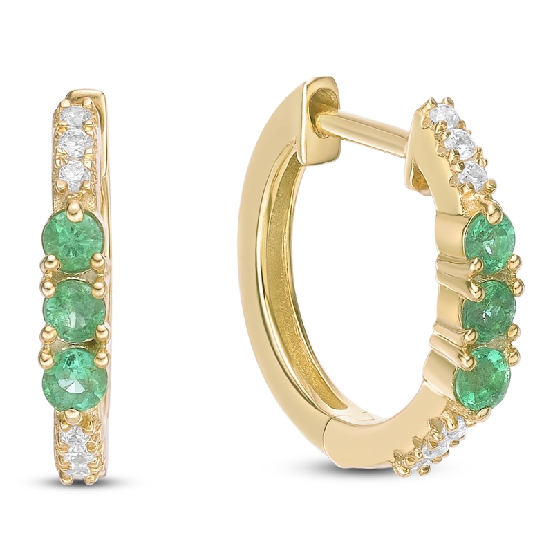 Main Image 3 of Natural Emerald & Diamond Three-Stone Huggie Hoop Earrings 1/15 ct tw 10K Yellow Gold