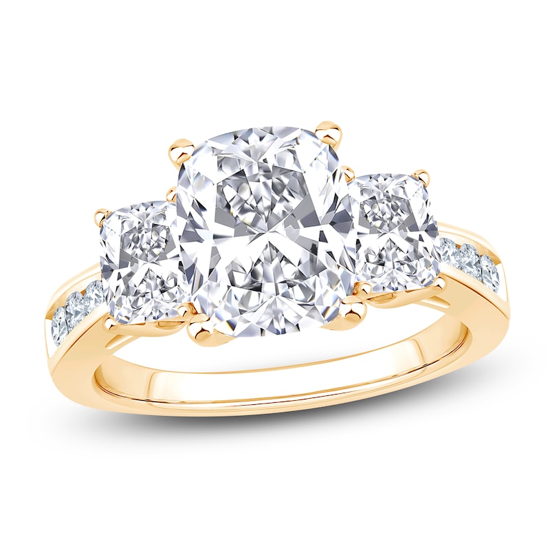 Main Image 1 of Cushion-Cut Lab-Grown Diamond Three-Stone Engagement Ring 4-1/4 ct tw 14K Yellow Gold
