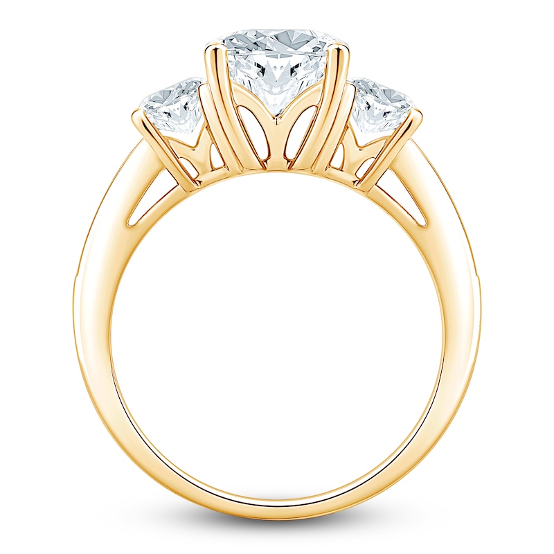 Main Image 2 of Cushion-Cut Lab-Grown Diamond Three-Stone Engagement Ring 4-1/4 ct tw 14K Yellow Gold