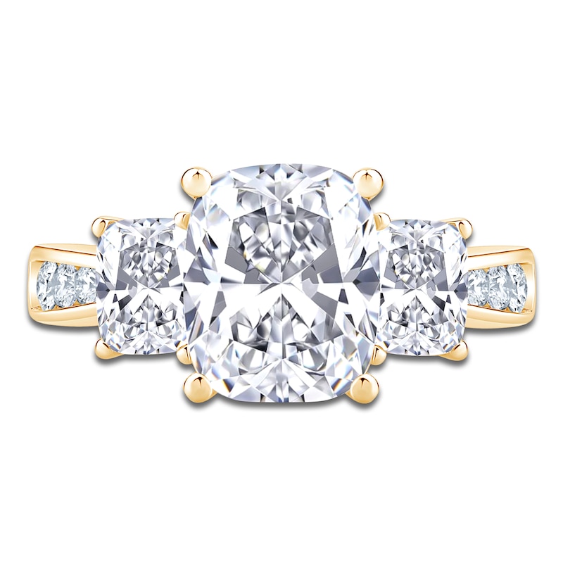 Main Image 3 of Cushion-Cut Lab-Grown Diamond Three-Stone Engagement Ring 4-1/4 ct tw 14K Yellow Gold