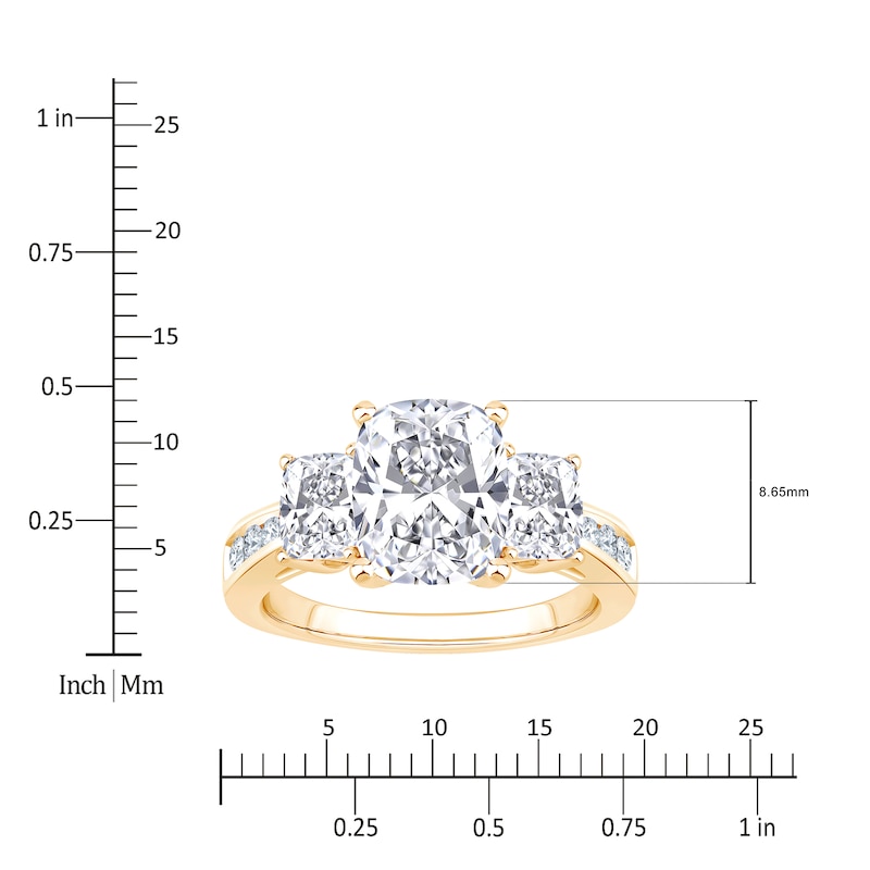 Main Image 4 of Cushion-Cut Lab-Grown Diamond Three-Stone Engagement Ring 4-1/4 ct tw 14K Yellow Gold