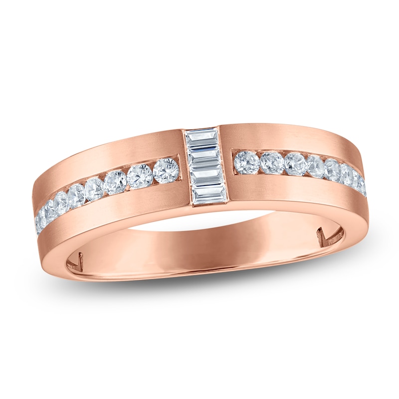 Main Image 1 of Men's Certified Baguette & Round-Cut Diamond Wedding Band 1/2 ct tw 14K Rose Gold