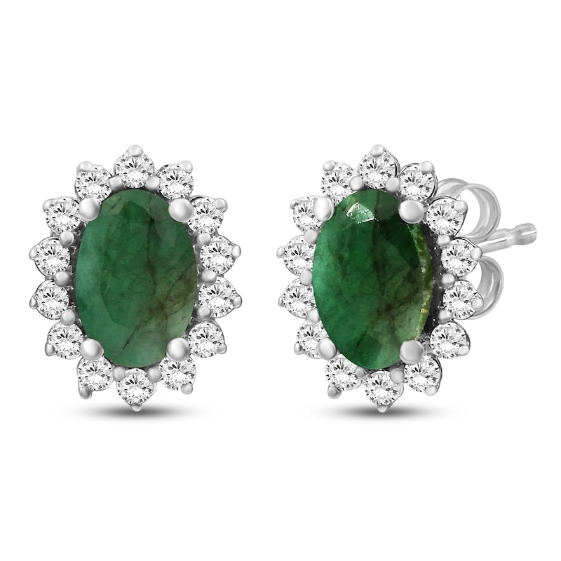 Main Image 1 of &nbsp;Oval-Cut Natural Emerald & Diamond Starburst Halo Stud Earrings 1/4 ct tw 14K White Gold