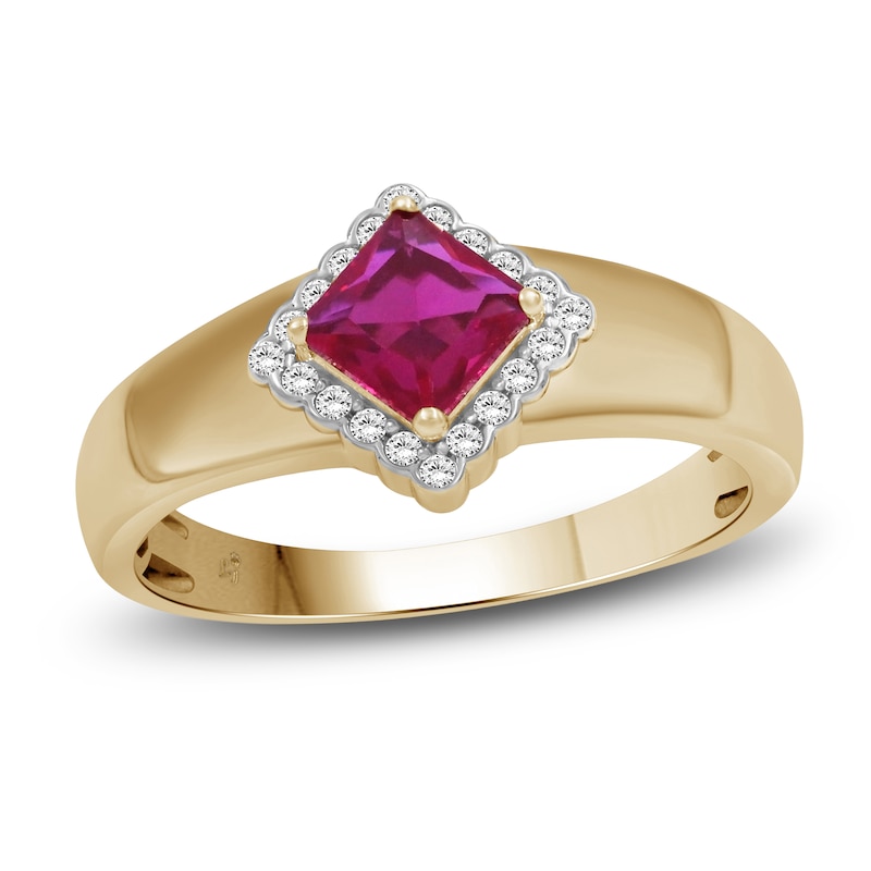 Main Image 1 of Square-Cut Ruby & Diamond Ring 1/10 ct tw 14K Yellow Gold