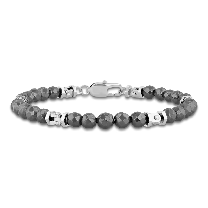Main Image 1 of Men's Faceted Natural Hematite Bead Bracelet Stainless Steel 8.5"