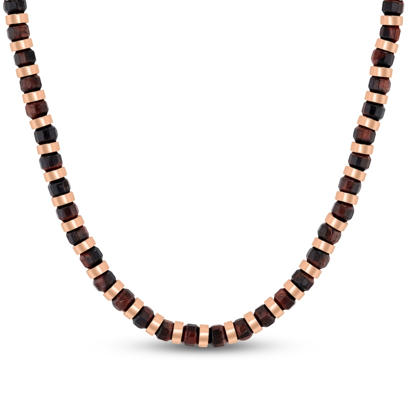 Main Image 1 of Men's Faceted Natural Tiger's Eye Bead Necklace Rose Ion-Plated Stainless Steel 20"
