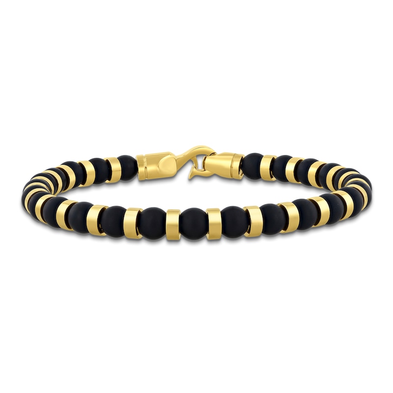 Main Image 1 of Men's Natural Black Onyx Bead Bracelet Yellow Ion-Plated Stainless Steel 8.5"