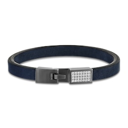 1933 by Esquire Men's Natural White Sapphire & Navy Leather Bracelet Sterling Silver with Dark Rhodium Plate 8.5"