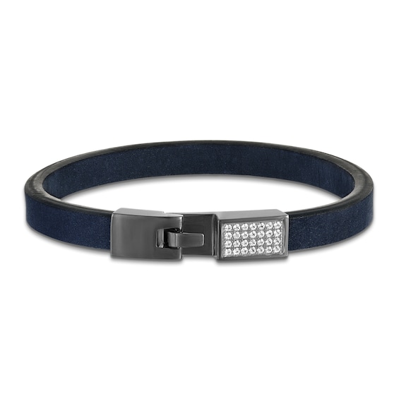 1933 by Esquire Men's Natural White Sapphire & Navy Leather Bracelet Sterling Silver with Dark Rhodium Plate 8.5"