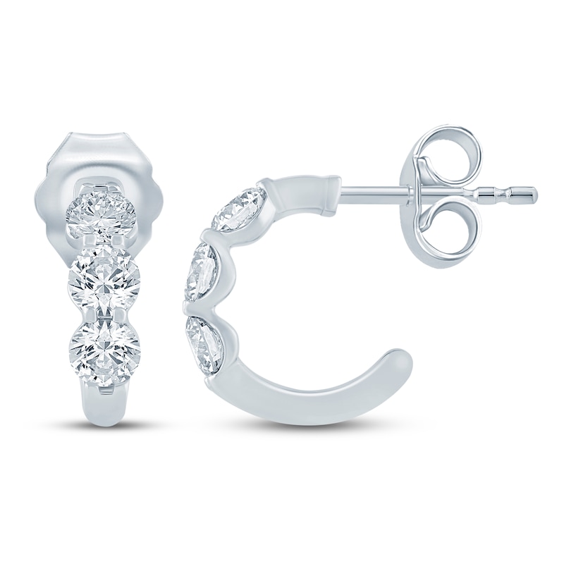 Main Image 1 of Jared Signature Lab-Grown Diamond Three-Stone J-Hoop Earrings 1 ct tw 10K White Gold