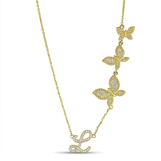 Butterfly Script Initial Necklace 1/5 ct tw Diamonds 18" (1 Stone and Initial)