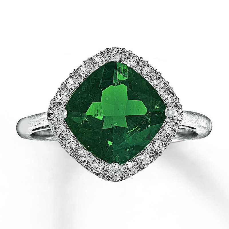 Lab-Created Emerald Ring Lab-Created Sapphires 10K White Gold with 360
