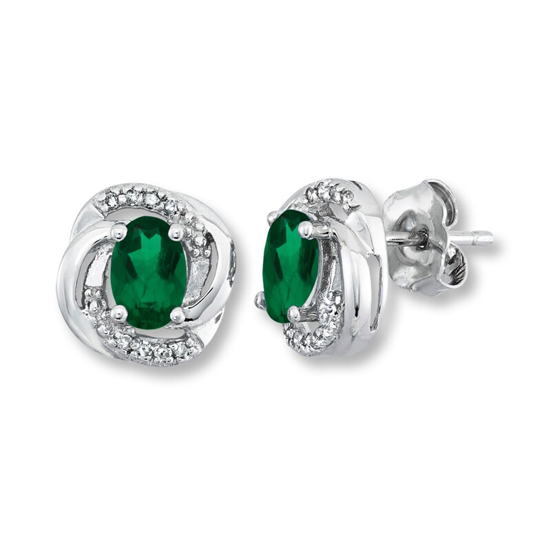 Main Image 1 of Lab-Created Emerald 1/20 cttw Diamonds Sterling Silver Earrings