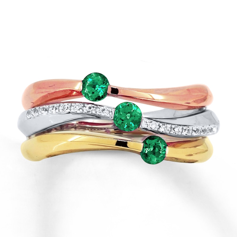 Main Image 1 of Lab-Created Emerald & Lab-Created Sapphire Ring 10K Tri-tone Gold/Sterling Silver