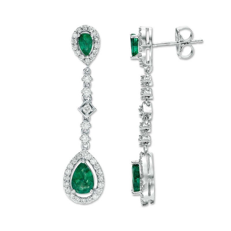 Natural Emerald Earrings 3/4 ct tw Diamonds 14K White Gold