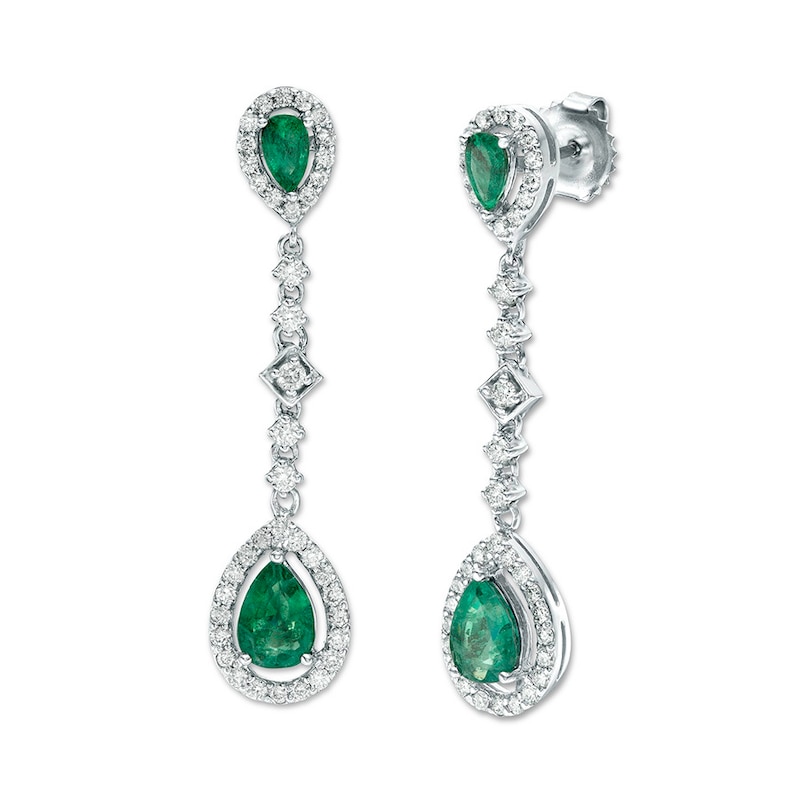Natural Emerald Earrings 3/4 ct tw Diamonds 14K White Gold