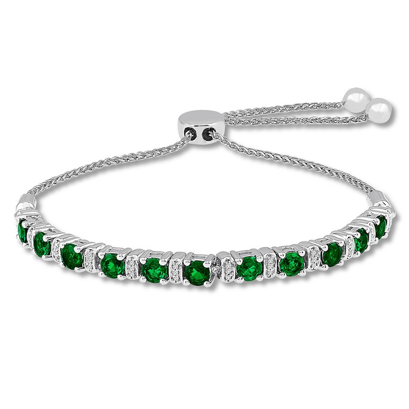 Main Image 1 of Lab-Created Emerald Bracelet 1/8 ct tw Diamonds Sterling Silver