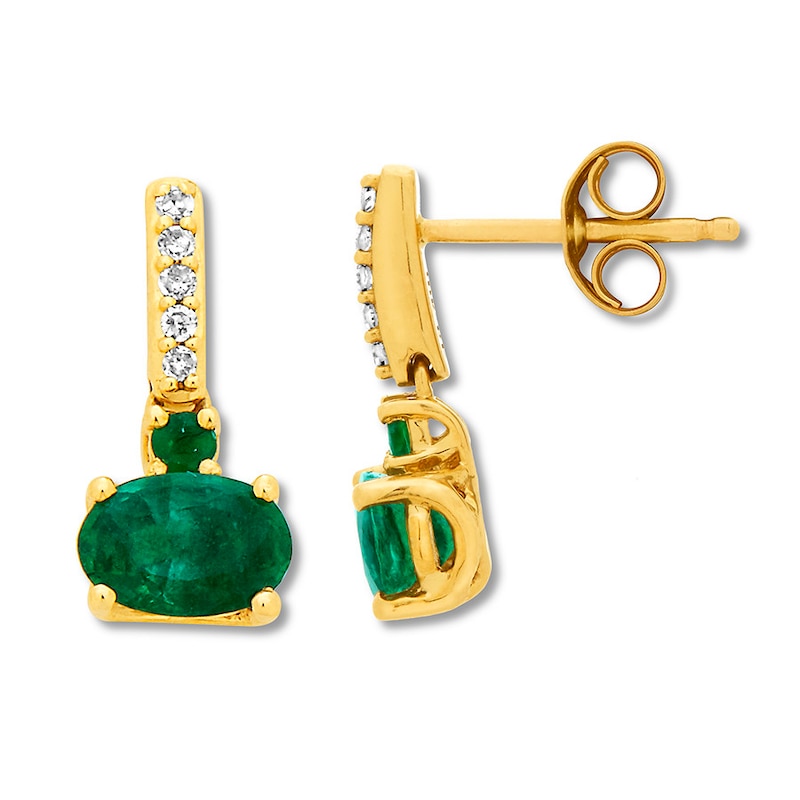 Main Image 1 of Natural Emerald Earrings 1/20 ct tw Diamonds 10K Yellow Gold
