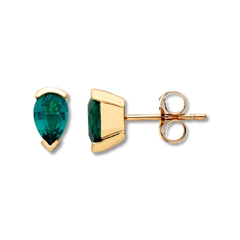 Main Image 1 of Lab-Created Emerald Earrings Pear-shaped 10K Yellow Gold