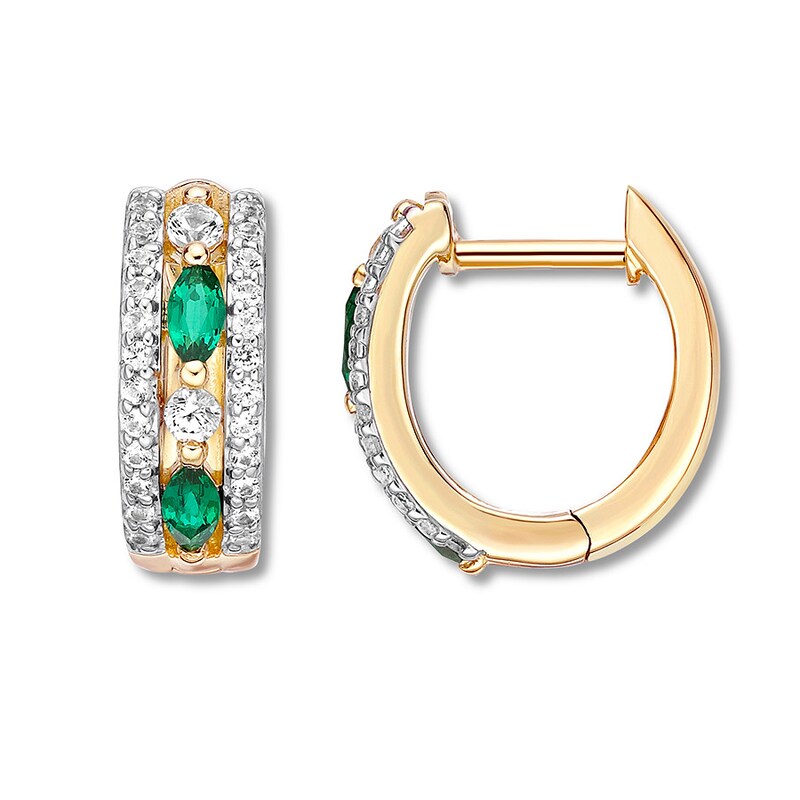 Main Image 1 of Lab-Created Emerald/Lab-Created Sapphire Hoop Earrings 10K Gold