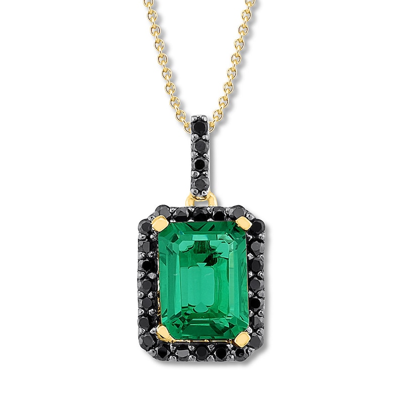Lab-Created Emerald Necklace 1/6 ct tw Black Diamonds 10K Yellow Gold