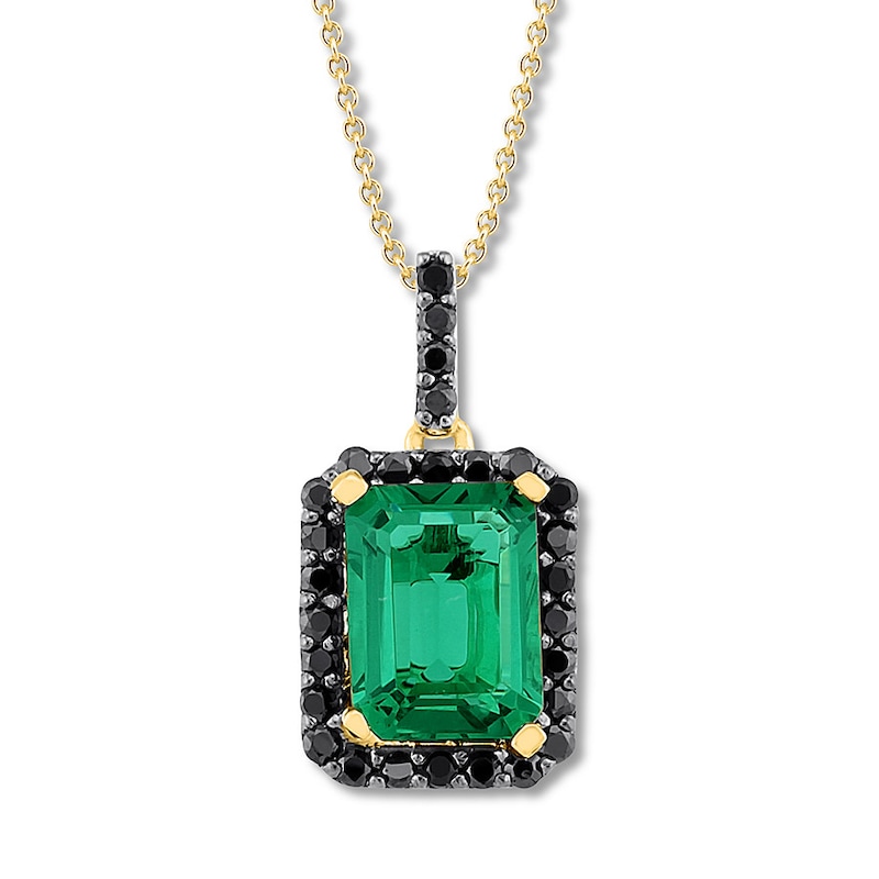 Main Image 1 of Lab-Created Emerald Necklace 1/6 ct tw Black Diamonds 10K Yellow Gold