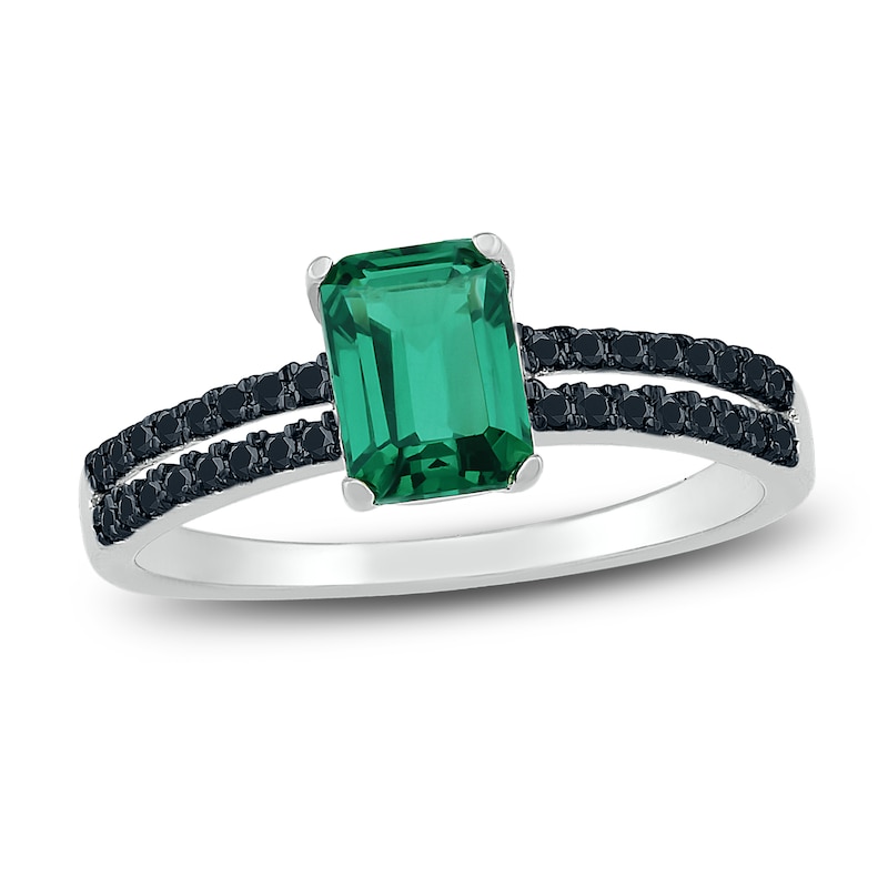 Main Image 1 of Lab-Created Emerald Ring 1/6 cttw Black Diamonds Sterling Silver