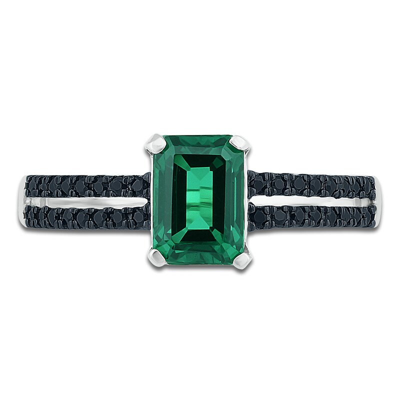 Main Image 2 of Lab-Created Emerald Ring 1/6 cttw Black Diamonds Sterling Silver